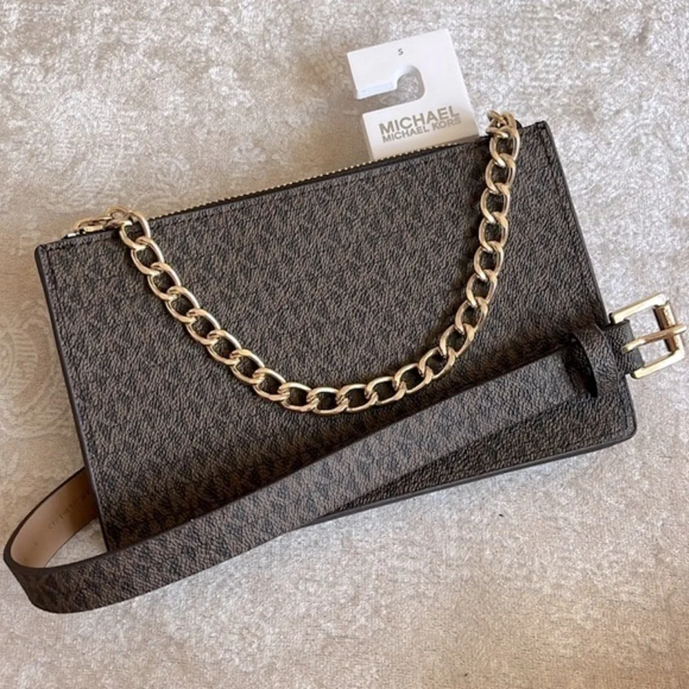 Brand New Michael Kors Brown Zippered Logo Belt Bag Gold Tone Chain Fanny Pack